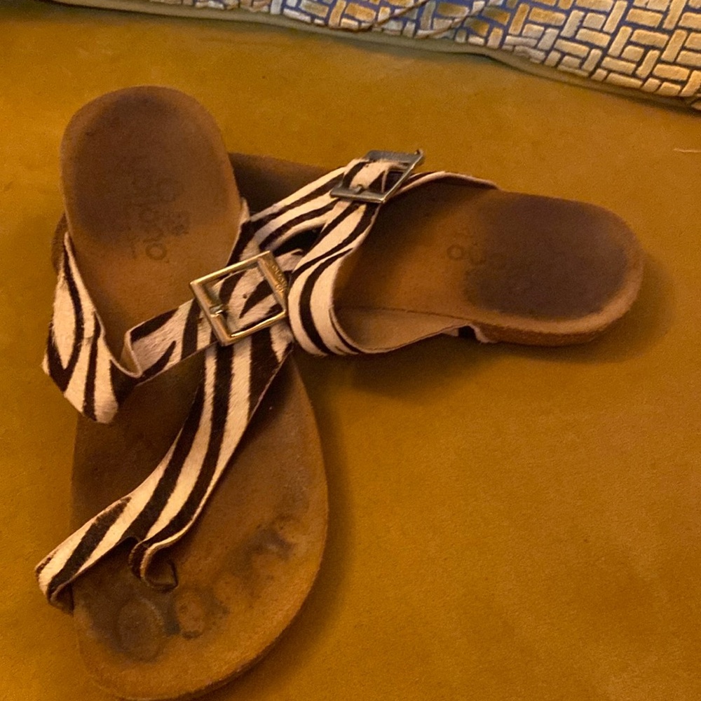 Leather zebra-striped sandals, cork bottoms